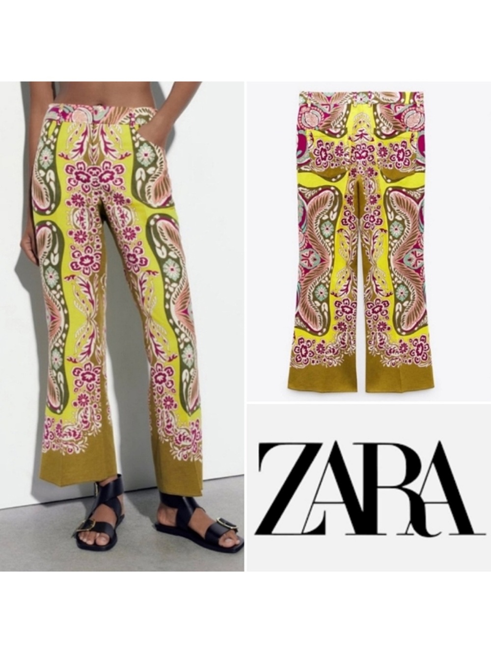 Zara Multicolor boho maximalist print linen blend pants XL